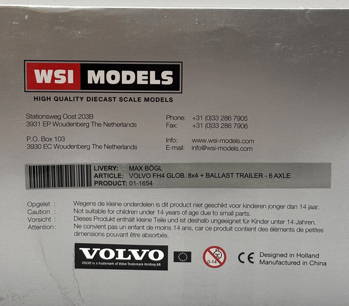 WSI 01-1654 1:50 Max Bogl Volvo FH4 GLOB. 8x4 + Ballast Trailer-6 Axle LN/Box