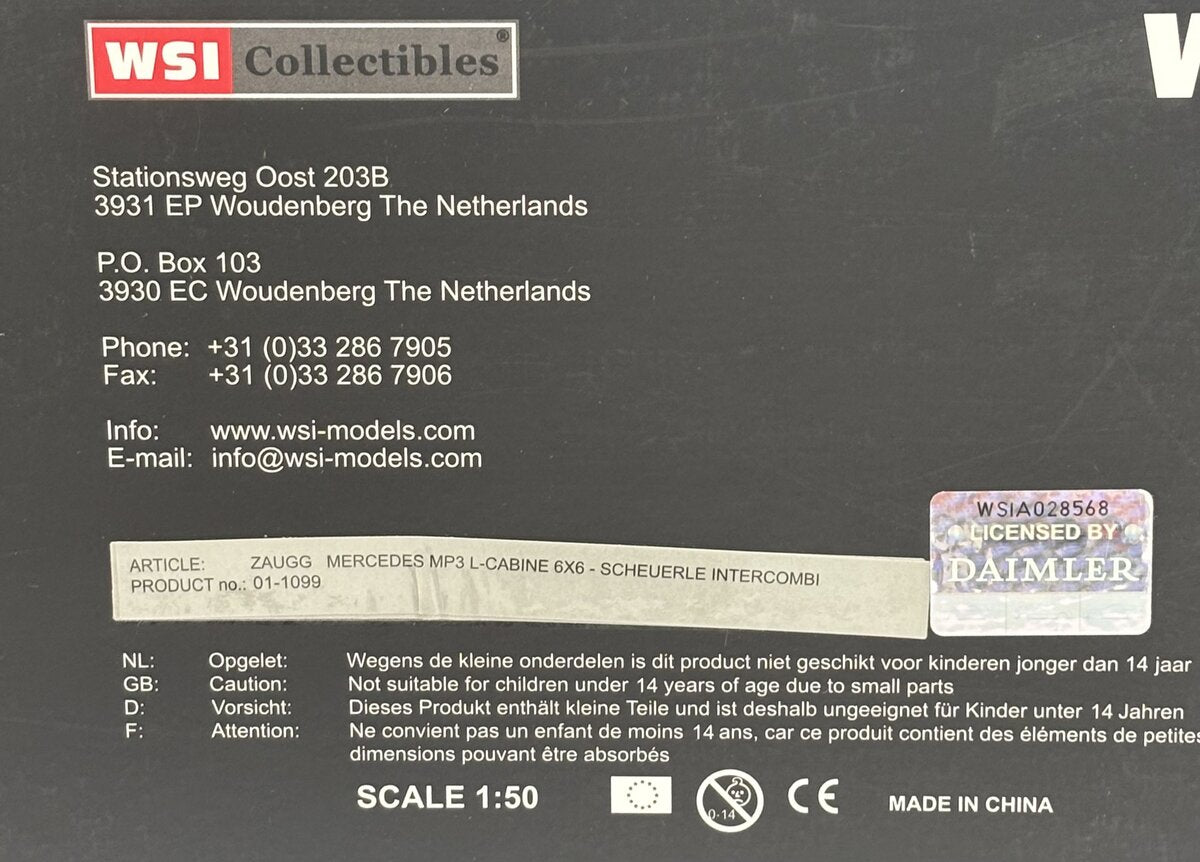WSI 01-1099 1:50 Zaugg Mercedes MP3 L-Cabine 6x6-Scheuerle Intercombi LN/Box