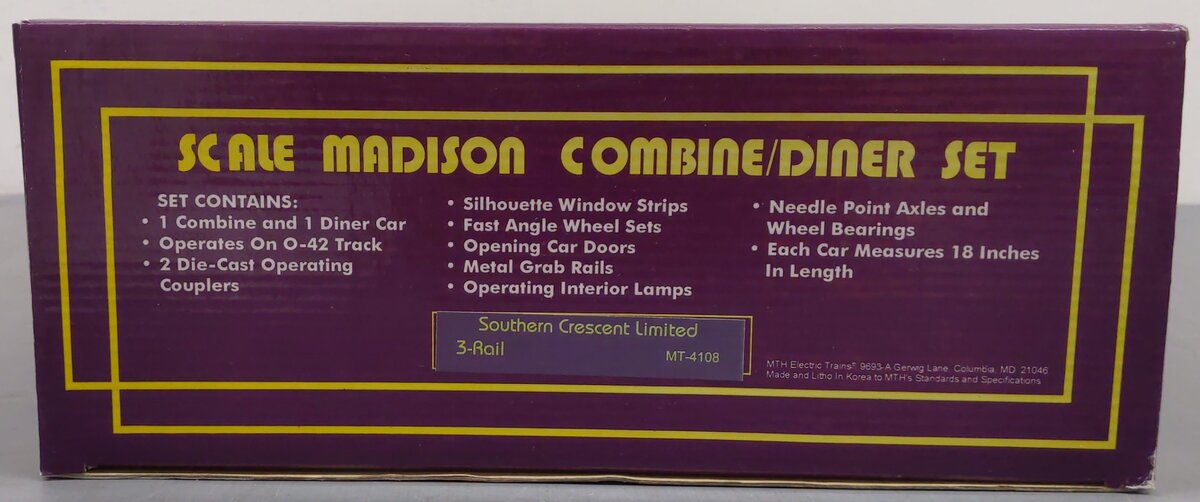 MTH 20-4108 Southern Crescent Madison Combine/Diner 2-Car Set EX/Box