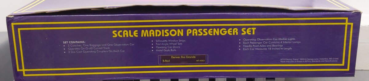 MTH 20-4003 D&RGW 5-car 70' Madison Passenger Car EX/Box
