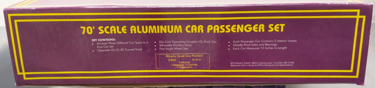 MTH 20-6500 O Atlantic Coast Line 70' Aluminum Passenger Car Set (Set of 5) EX/Box
