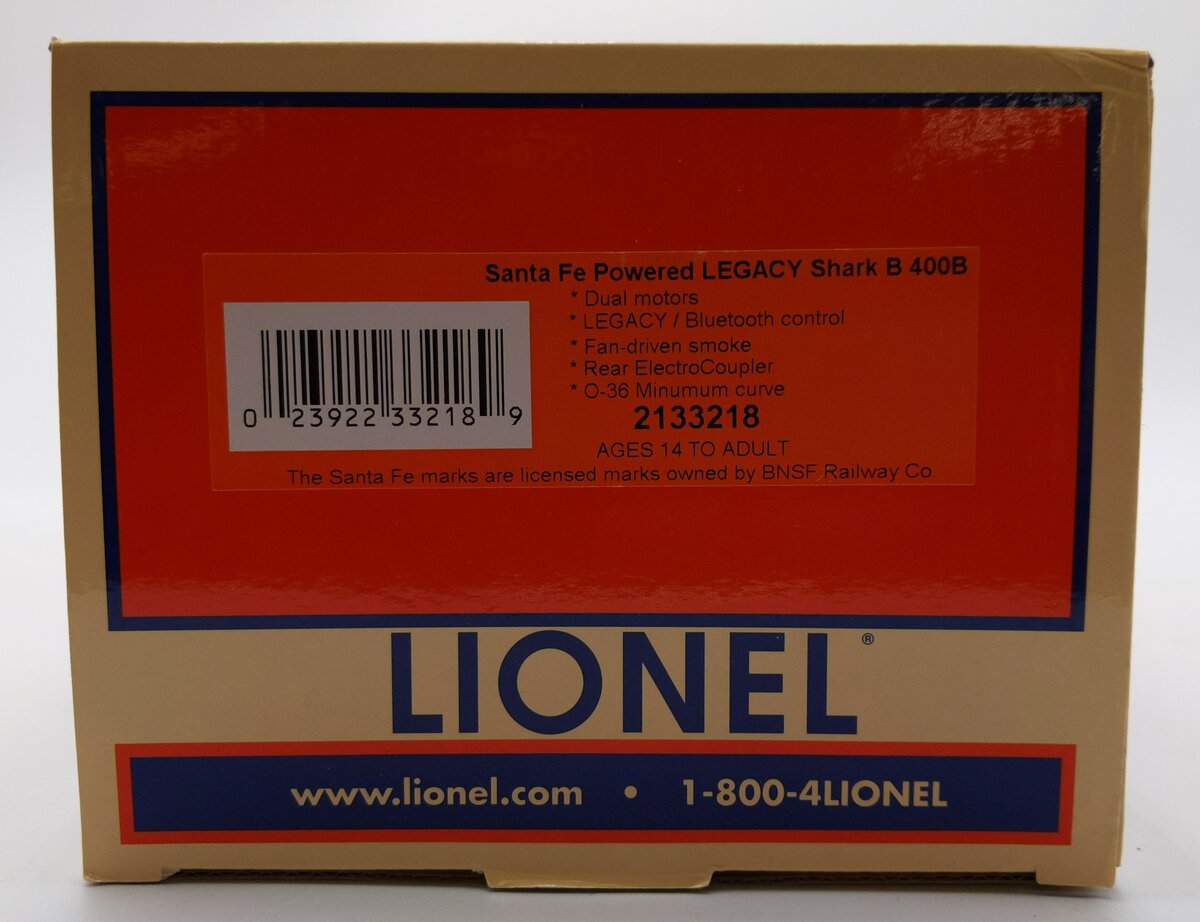 Lionel 2133218 O Gauge ATSF Sharknose B-Unit Diesel Locomotive #400B/LCS EX/Box