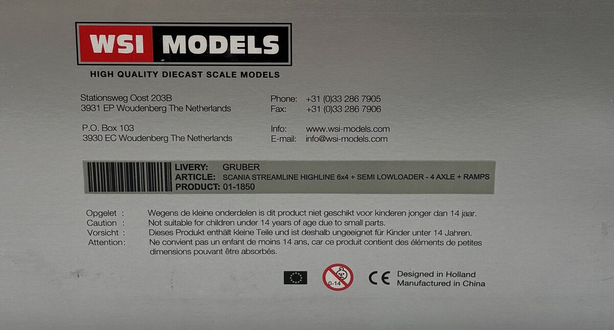 WSI 01-1850 1:50 Gruber Scania Streamline Highline 6x4 + Semi Low loader-4 Axle LN/Box