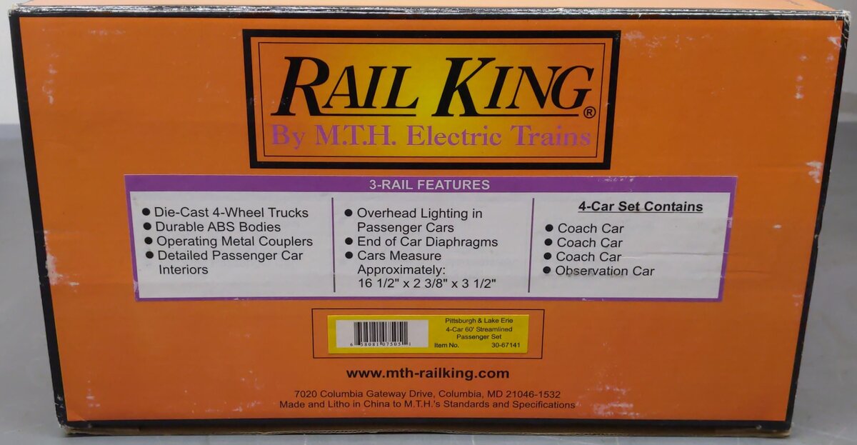 MTH 30-67141 O Pittsburgh & Lake Erie 60' Streamlined Passenger Set (Set of 4) EX/Box