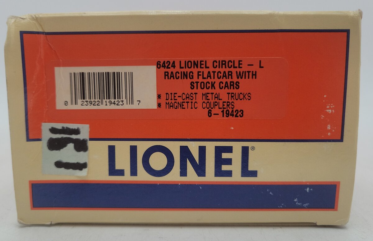 Lionel 6-19423 O Gauge Lionel Circle-L Racing Flatcar with Stock Car Load #6424 EX/Box