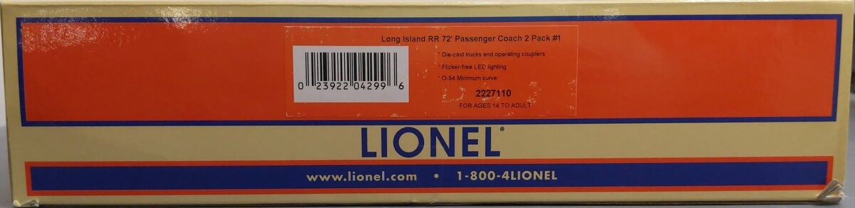 Lionel 2227110 O Long Island Railroad 72' Passenger Coach #1 (Pack of 2) LN/Box