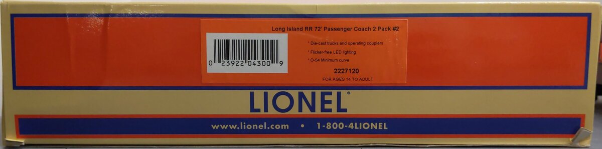 Lionel 2227120 O Long Island Railroad 72' Passenger Coach #2 (Pack of 2) LN/Box