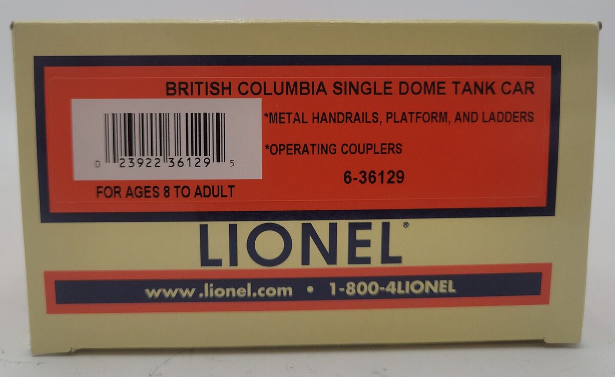 Lionel 6-36129 O Gauge British Columbia Singe Dome Tank Car EX/Box