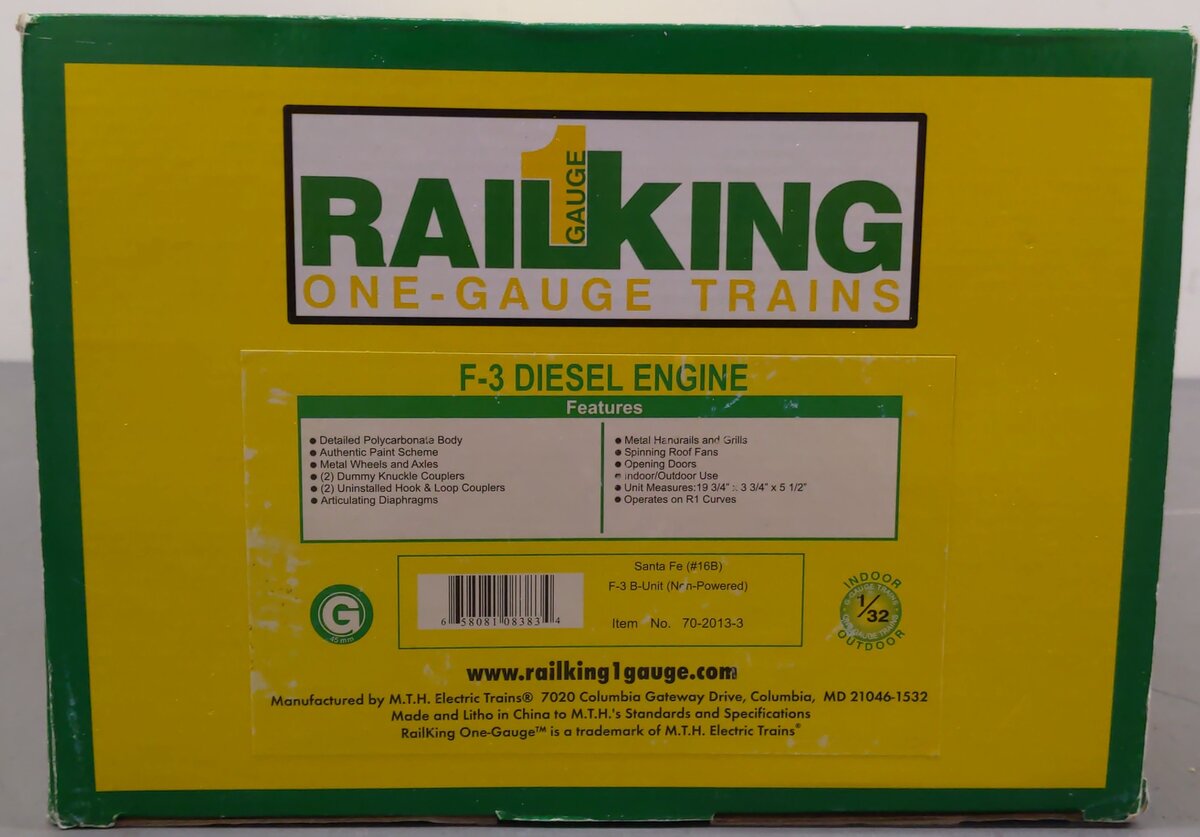 MTH 70-2013-3 G Scale Santa Fe F-3 B-Unit Dummy Diesel Locomotive #16B EX/Box