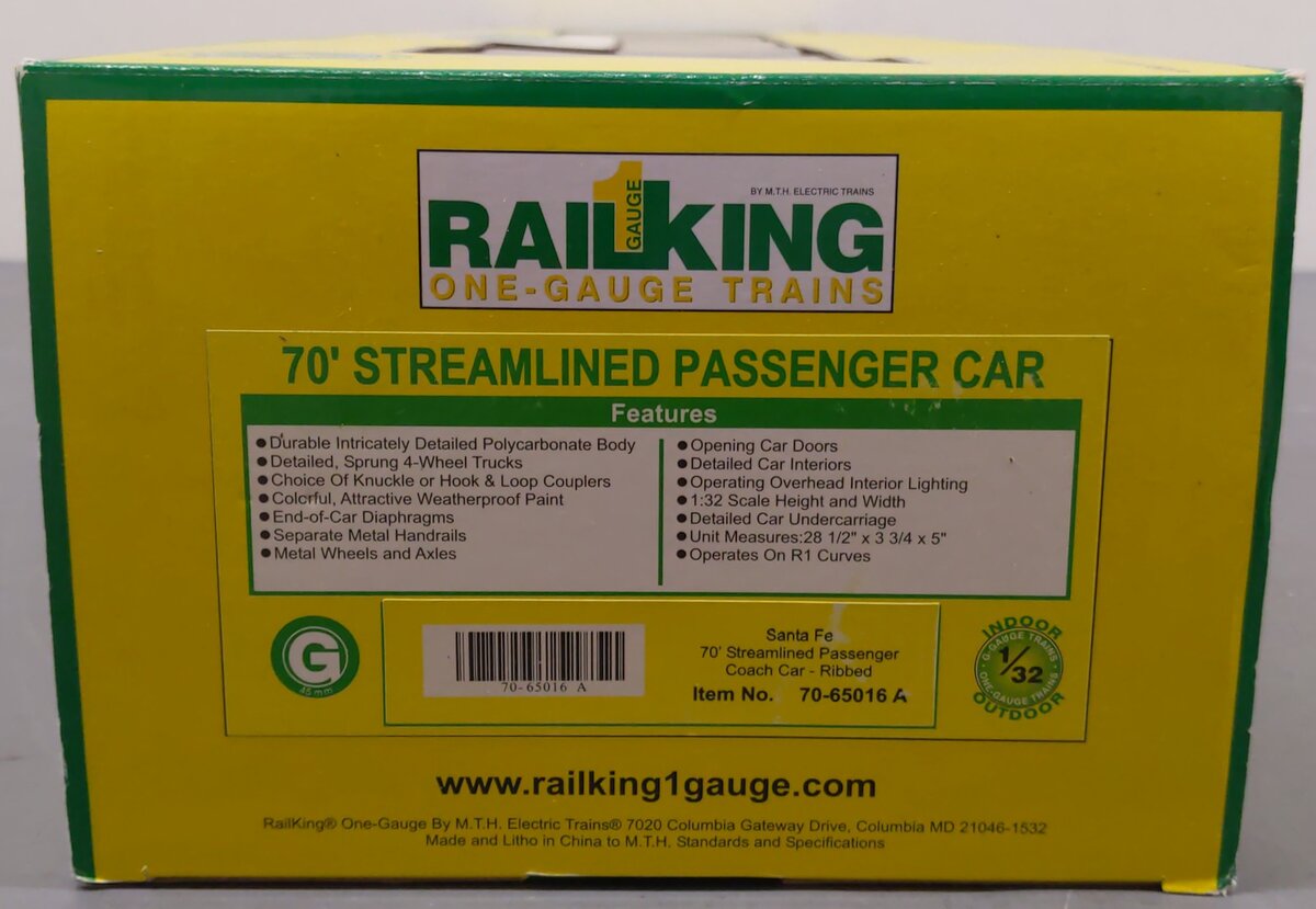 MTH 70-65016A G Scale Santa Fe 70' Streamlined Passenger Coach Car #2943 EX/Box