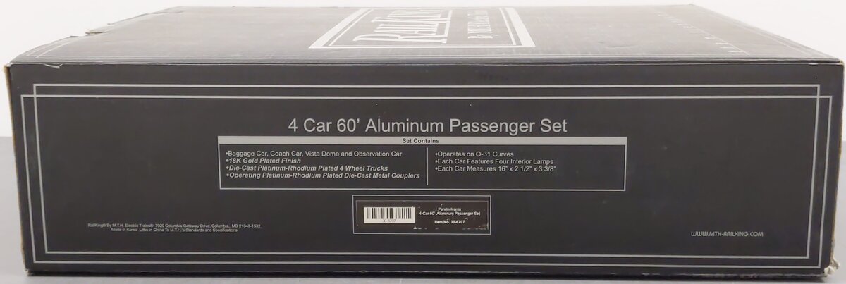 MTH 30-6707 O PRR 60' 18K Gold Plated Aluminum Passenger Car Set (Set of 4) EX/Box