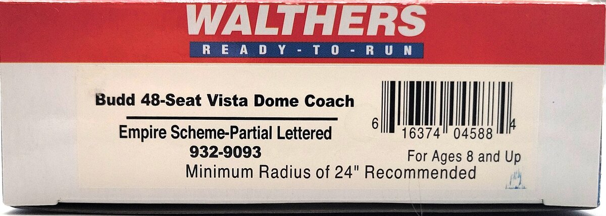 Walthers 932-9093 HO Empire Builder Budd 48-Seat Vista Dome Coach w/ Lighting LN/Box