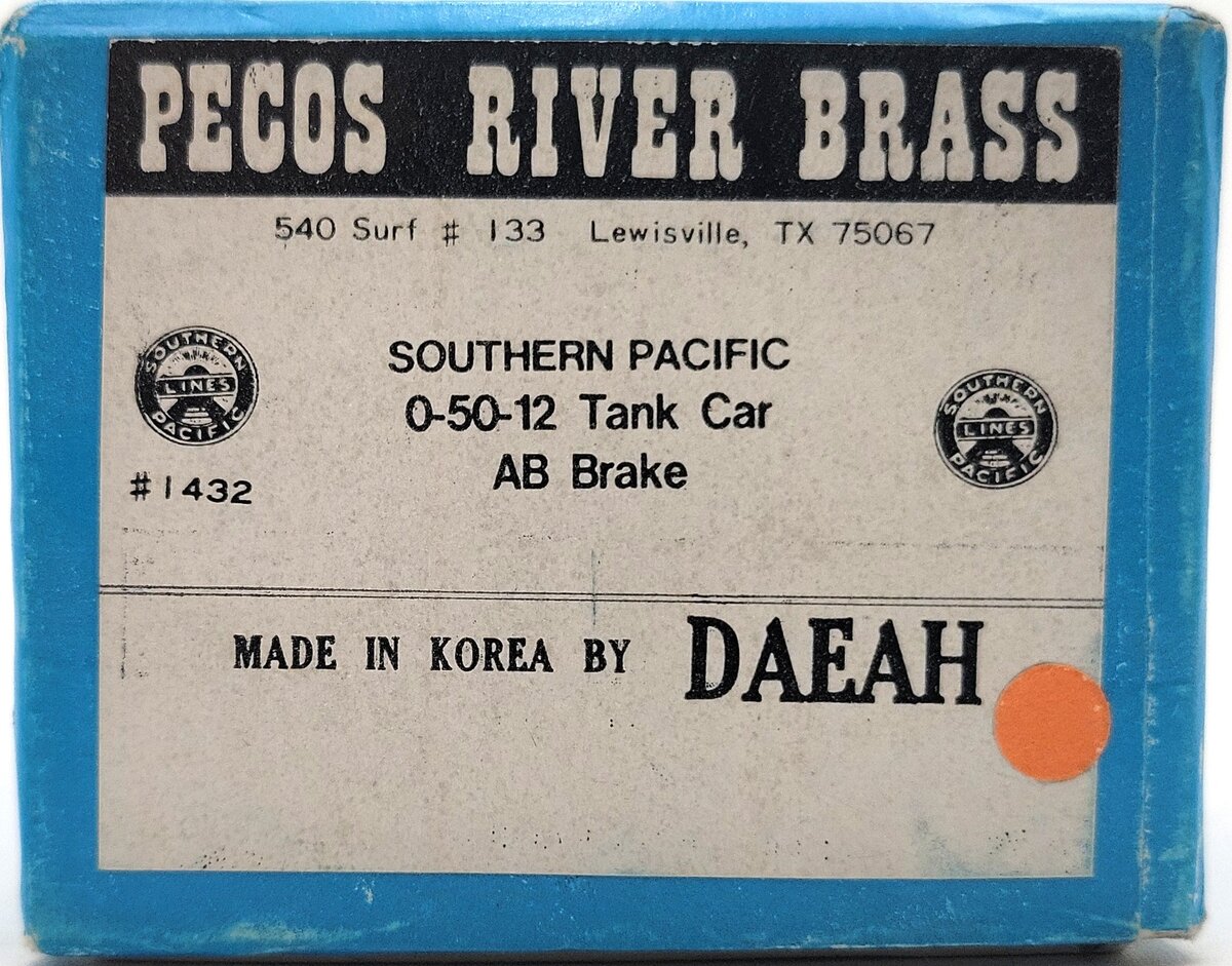 Pecos River Brass 1432 N Scale Brass Southern Pacific 0-50-12 Tank Car -AB Brake EX/Box