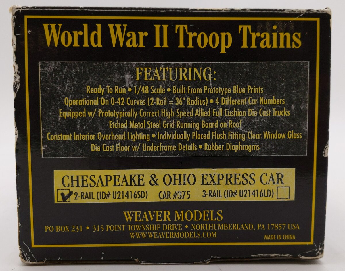 Weaver U21416SD O Scale 2-Rail Chesapeake & Ohio Express Boxcar #375 EX/Box