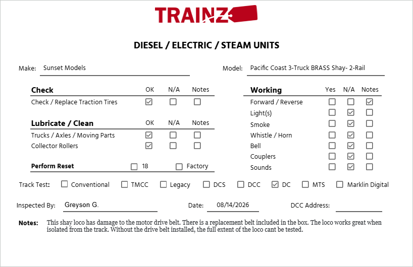 Sunset Models Pacific Coast 3-Truck BRASS Shay- 2-Rail EX/Box