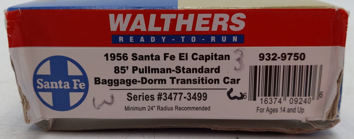 Walthers 932-9750 HO Santa Fe El Capitan 85' P-S Baggage-Dorm Transition Car EX/Box