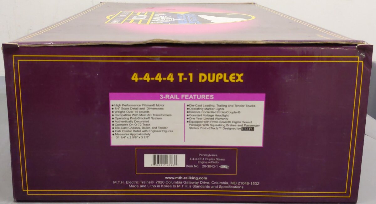 MTH 20-3043-1 O PRR 4-4-4-4 T-1 Duplex Steam Locomotive & Tender w/PS1 #6110 EX/Box