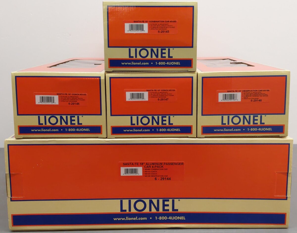 Lionel 6-29144 O Gauge Santa Fe 4-Car Aluminum Passenger Set EX/Box