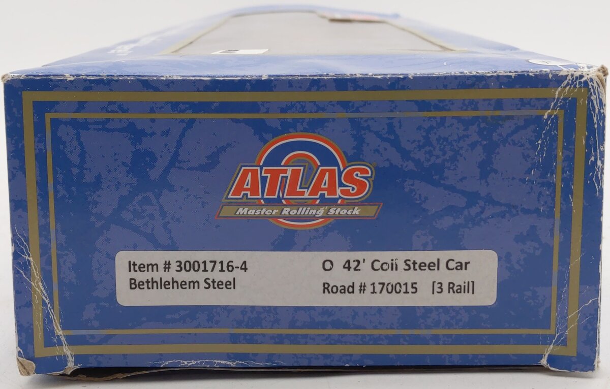 Atlas 3001716-4 O Bethlehem Steel. 0 42' Coil Steel Car #170015 (3 Rail) EX/Box