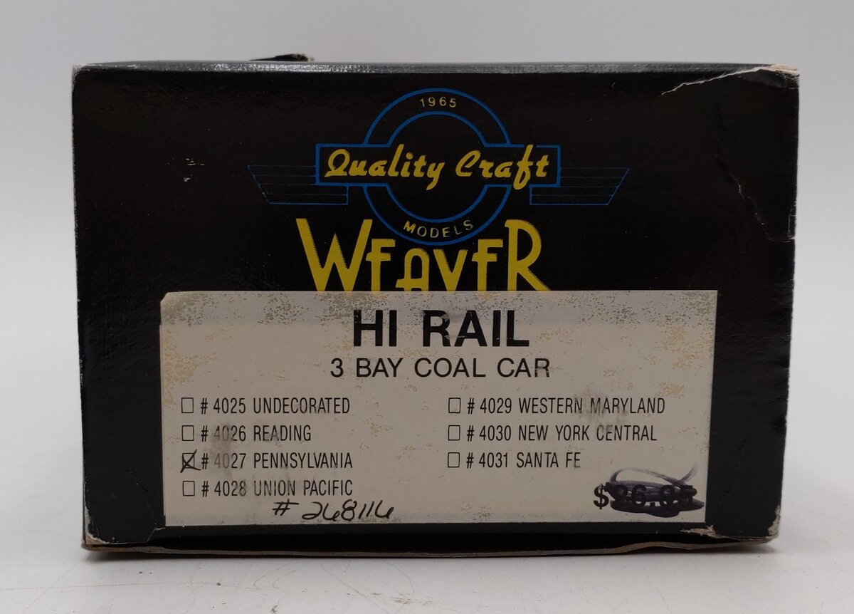 Weaver O Scale Pennsylvania Railroad 3 Bay Coal Car Hopper #268116 LN/Box