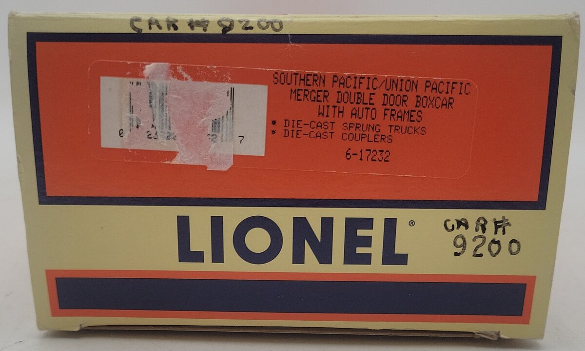 Lionel 6-17232 O Gauge SP/UP Merger Double Door Boxcar #9200 w/Auto Frames EX/Box