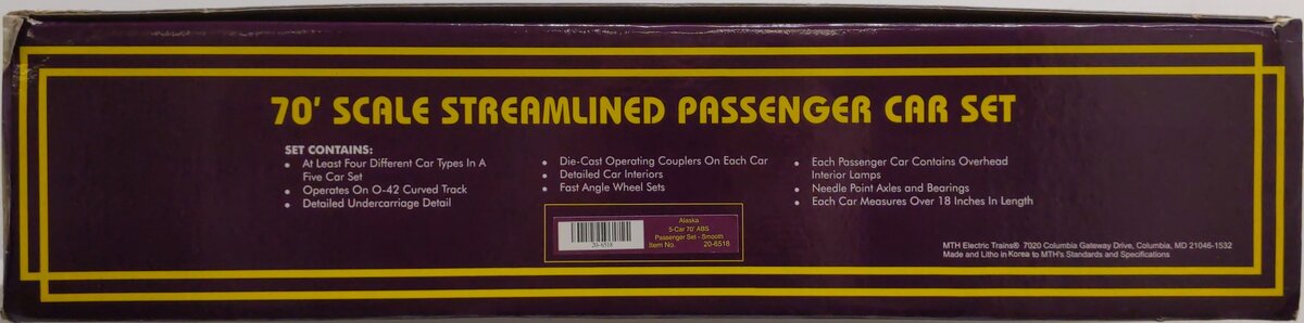 MTH 20-6518 O Alaska Railroad 70' Streamlined Passenger Car Set (Set of 5) LN/Box