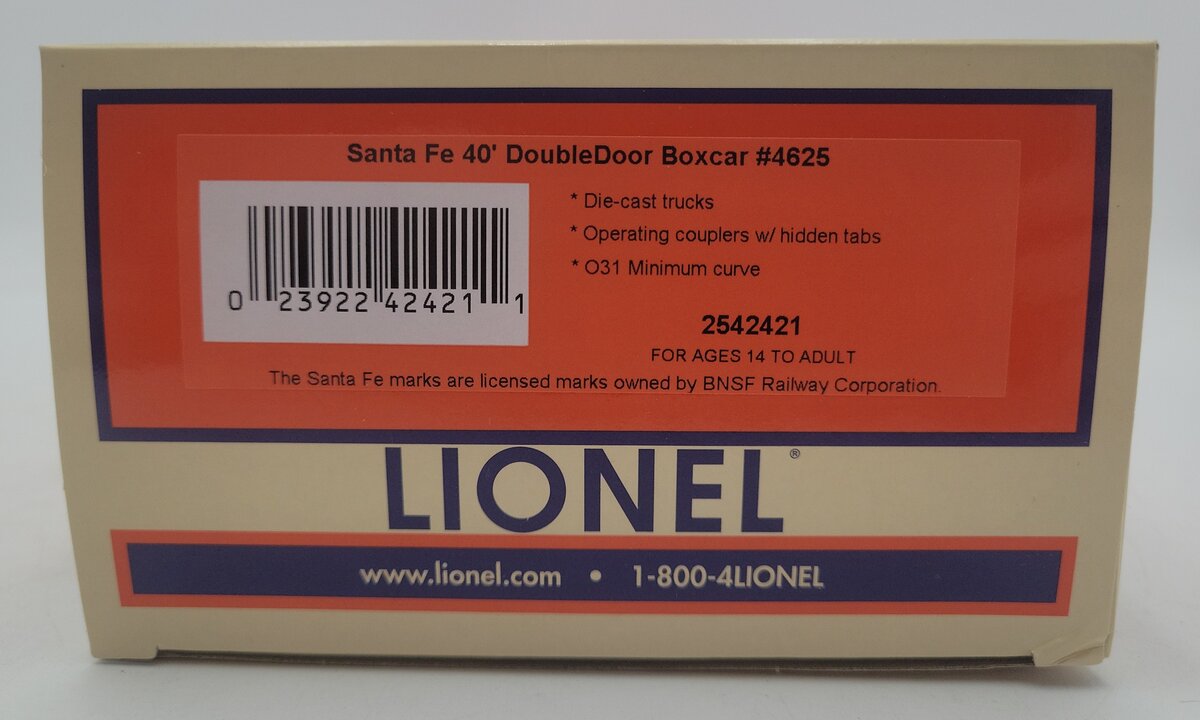 Lionel 2542421 O Santa Fe 40' Double Door Boxcar #4625 LN/Box