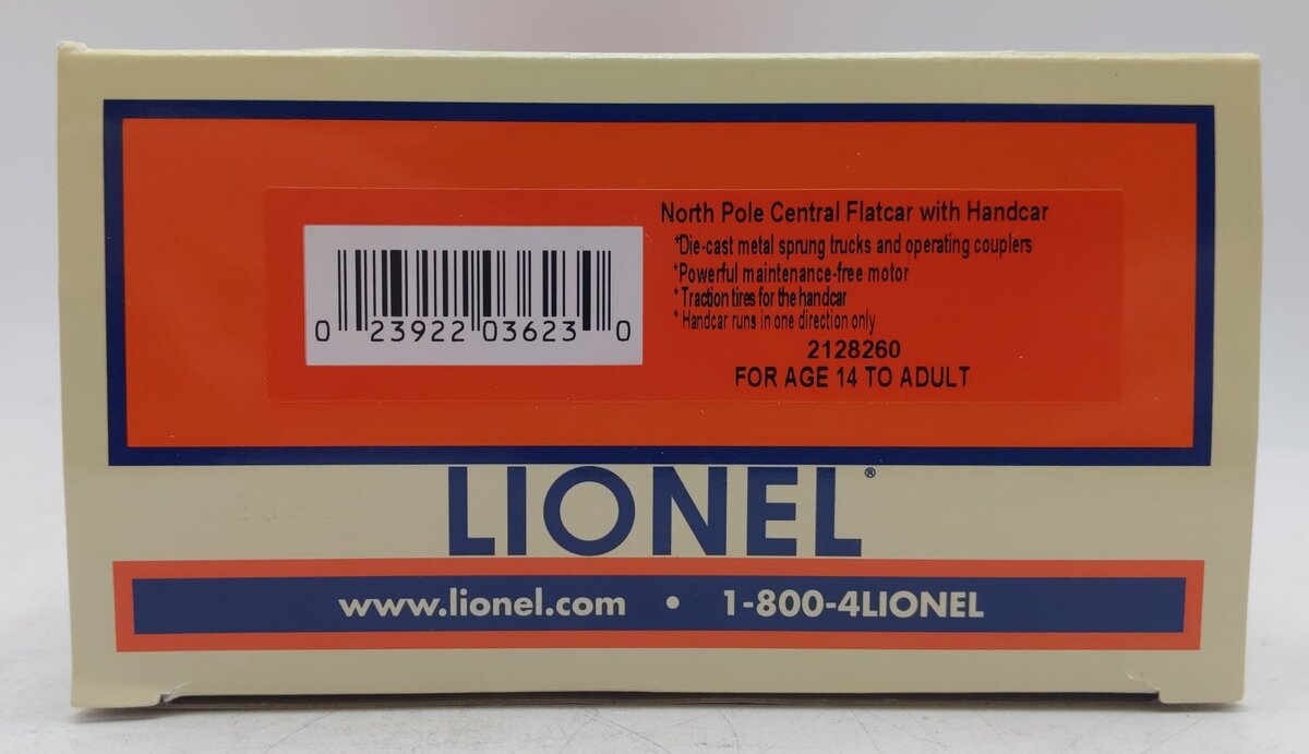 Lionel 2128260 O North Pole Central Flatcar with Handcar EX/Box