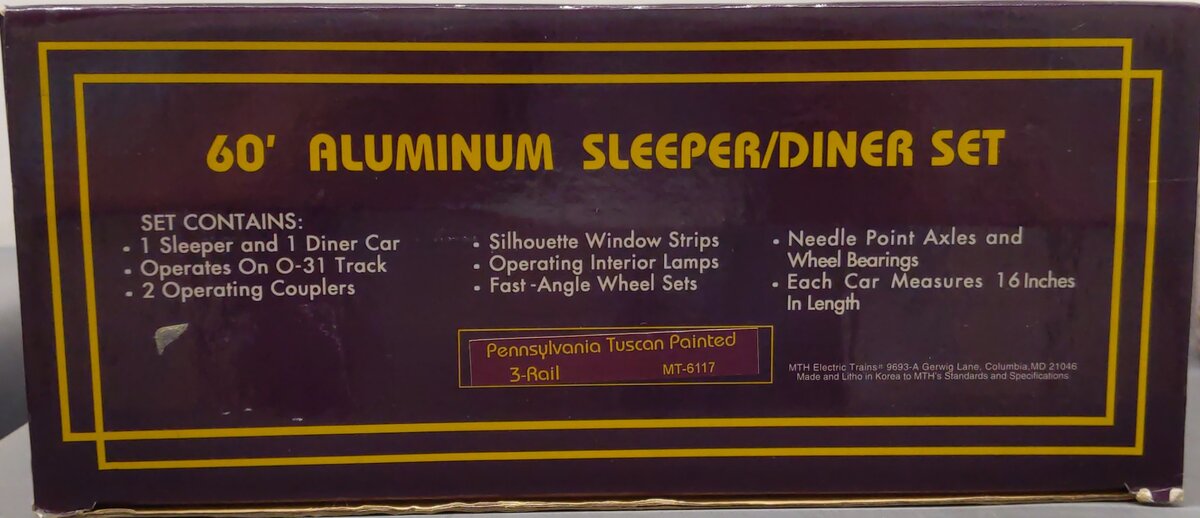 MTH 20-6117 O Gauge Pennsylvania Railroad 60' Aluminum Sleeper/Diner Set EX/Box