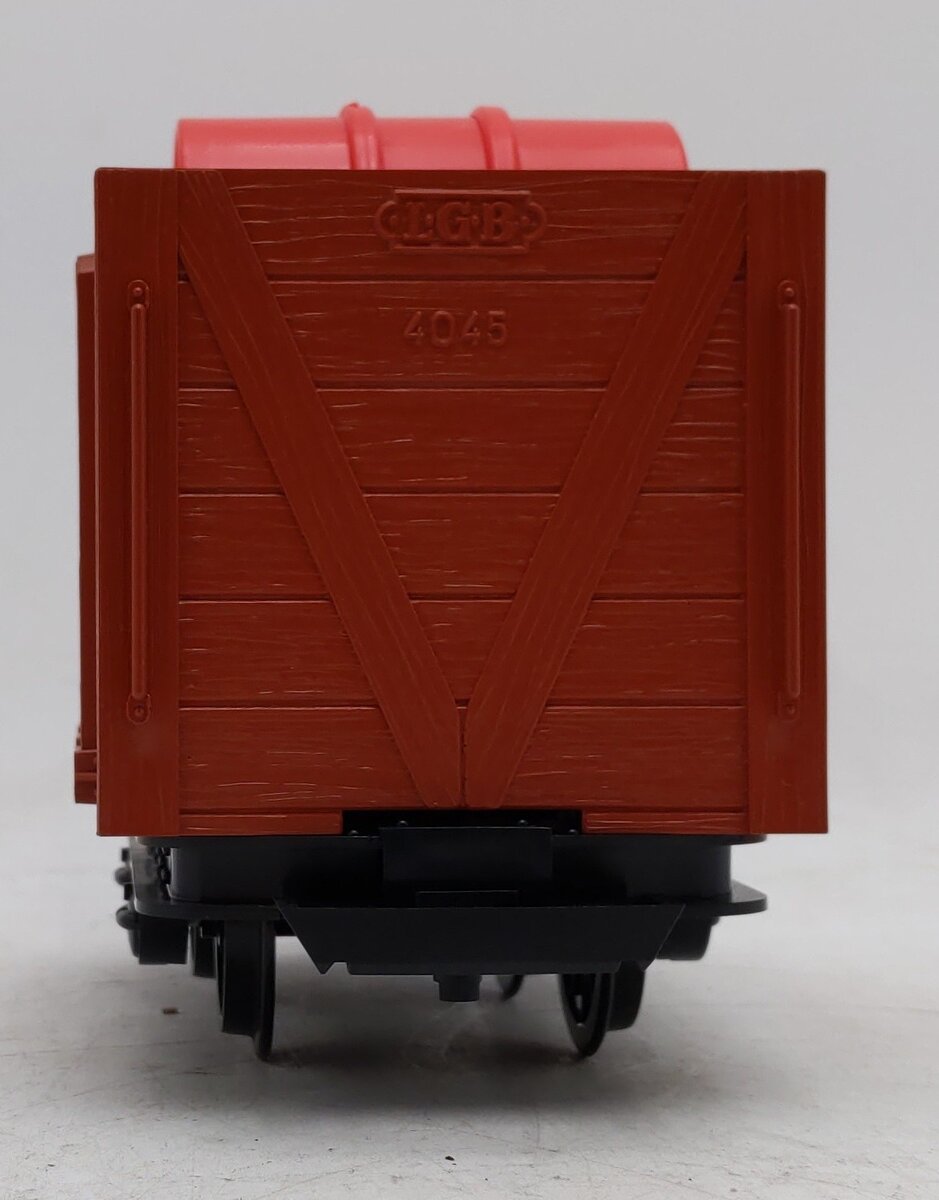 LGB 4045 G Scale Flat Car with Red Shell Barrels LN