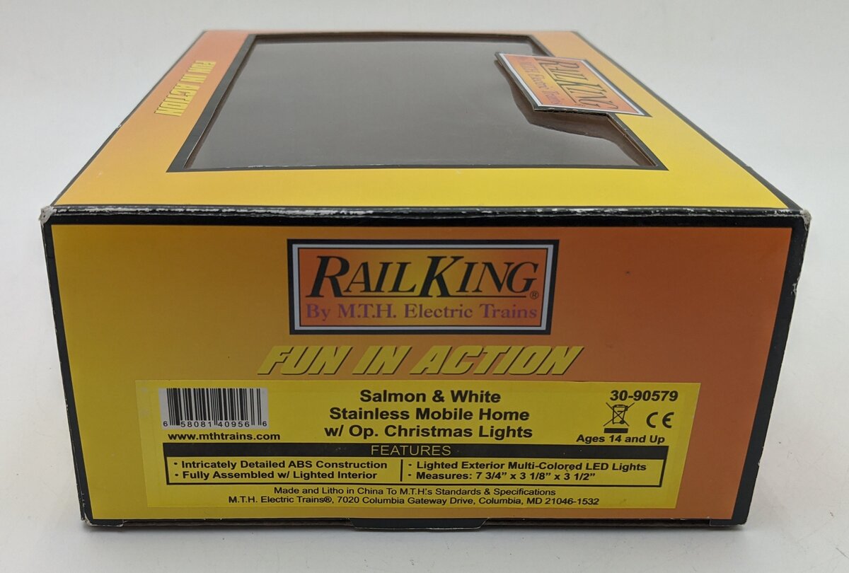 MTH 30-90579 O RailKing Stainless Mobile Home w/ LED Xmas Lights Salmon & White LN/Box
