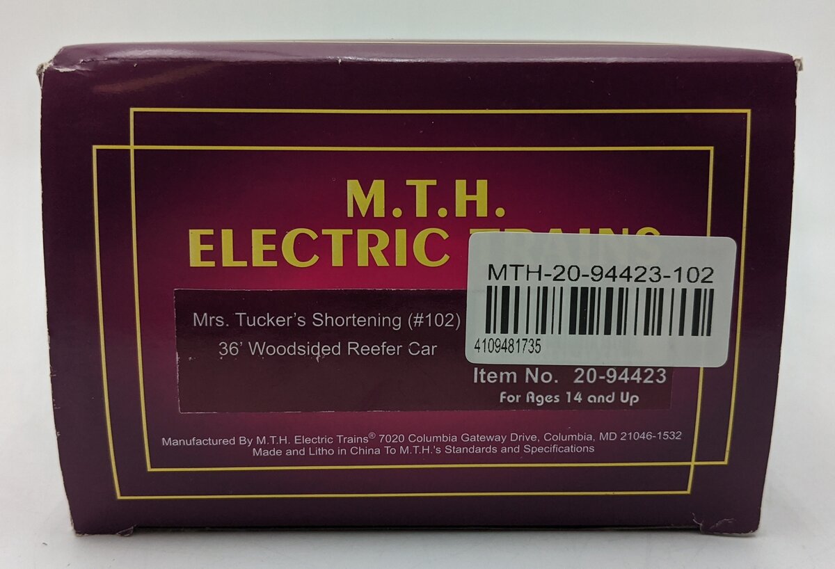 MTH 20-94423 O Gauge Mrs. Tucker's Shortening 36' Woodside Reefer Car #102 NIB