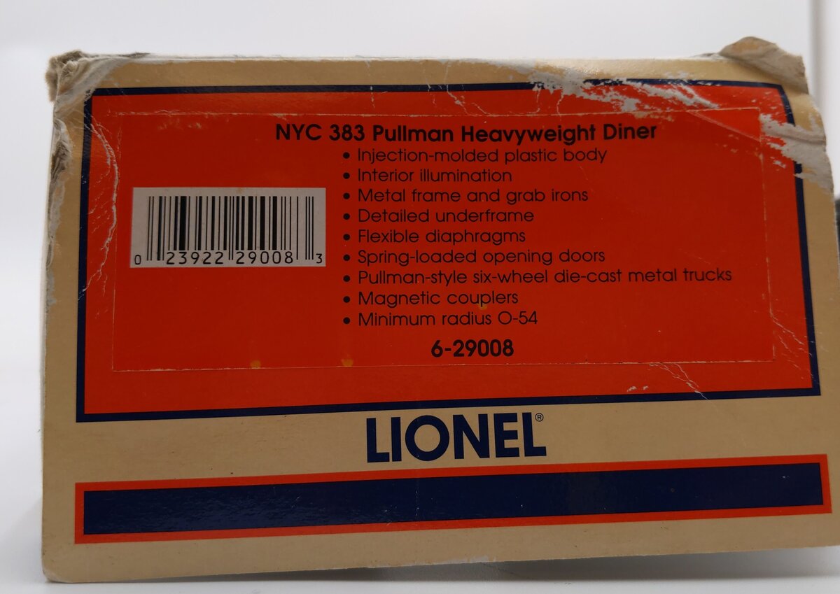 Lionel 6-29008 O Gauge New York Central Heavyweight Diner Car #383 LN/Box