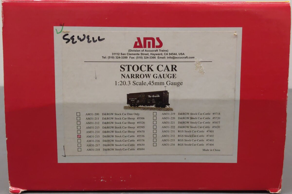 AMS AM31-215 1:20.3 Scale Custom Weathered D&RGW Narrow Gauge Stock Car #5536/Box