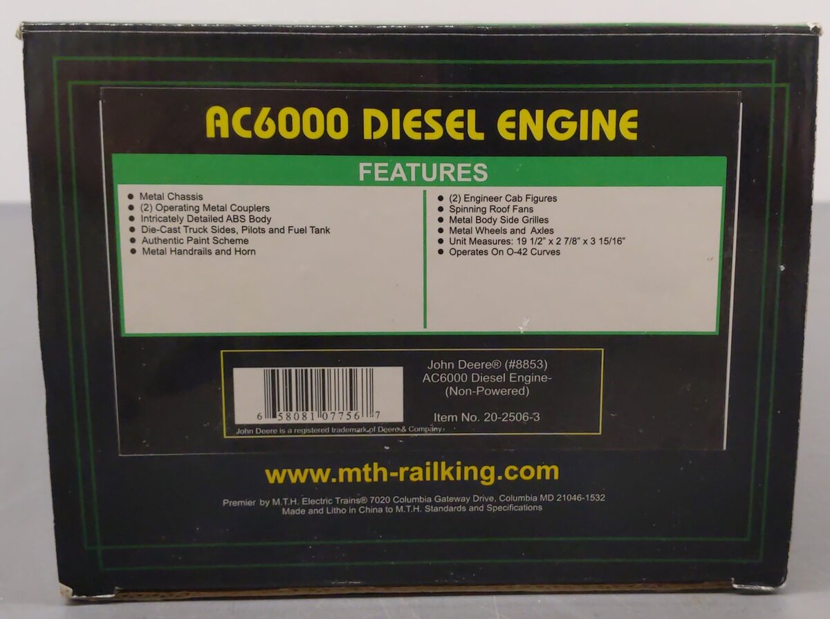MTH 20-2506-3 John Deere AC6000 Non-Powered Diesel Engine #8853 EX/Box