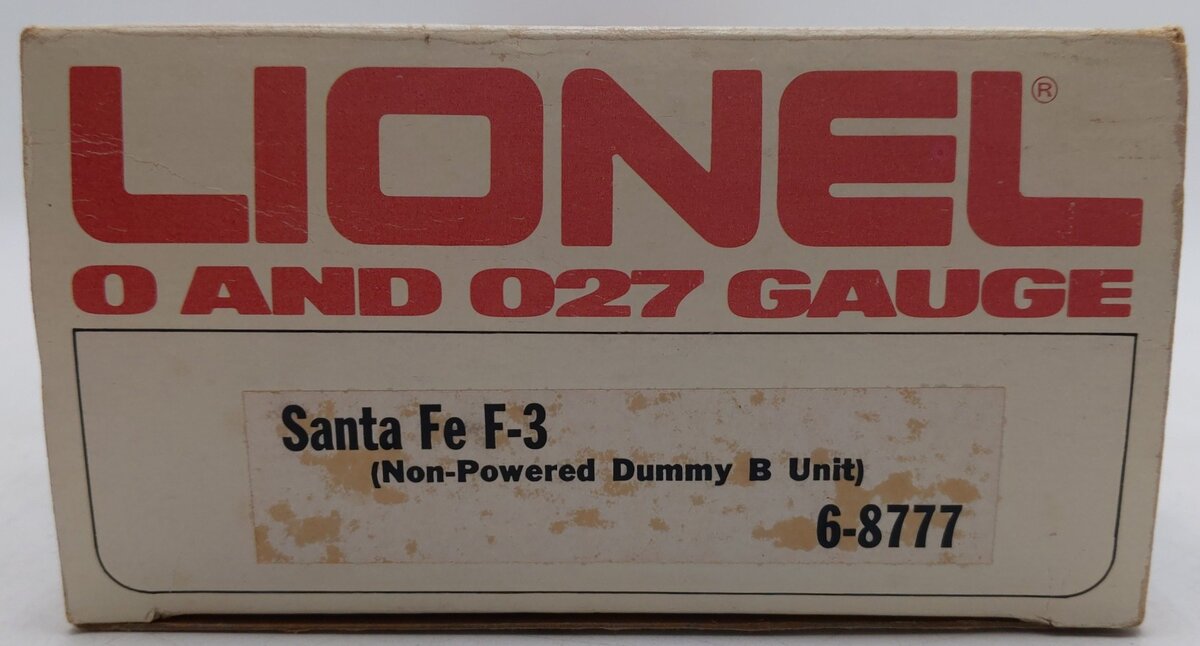Lionel 6-8777 O Gauge Santa Fe F3 B Unit Non-Powered Diesel Locomotive EX/Box