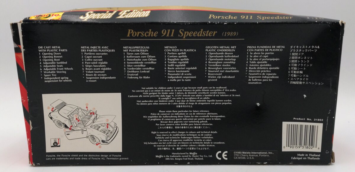Maisto 31802 1:18 Scale Diecast Porsche 1989 911 Speedster EX/Box