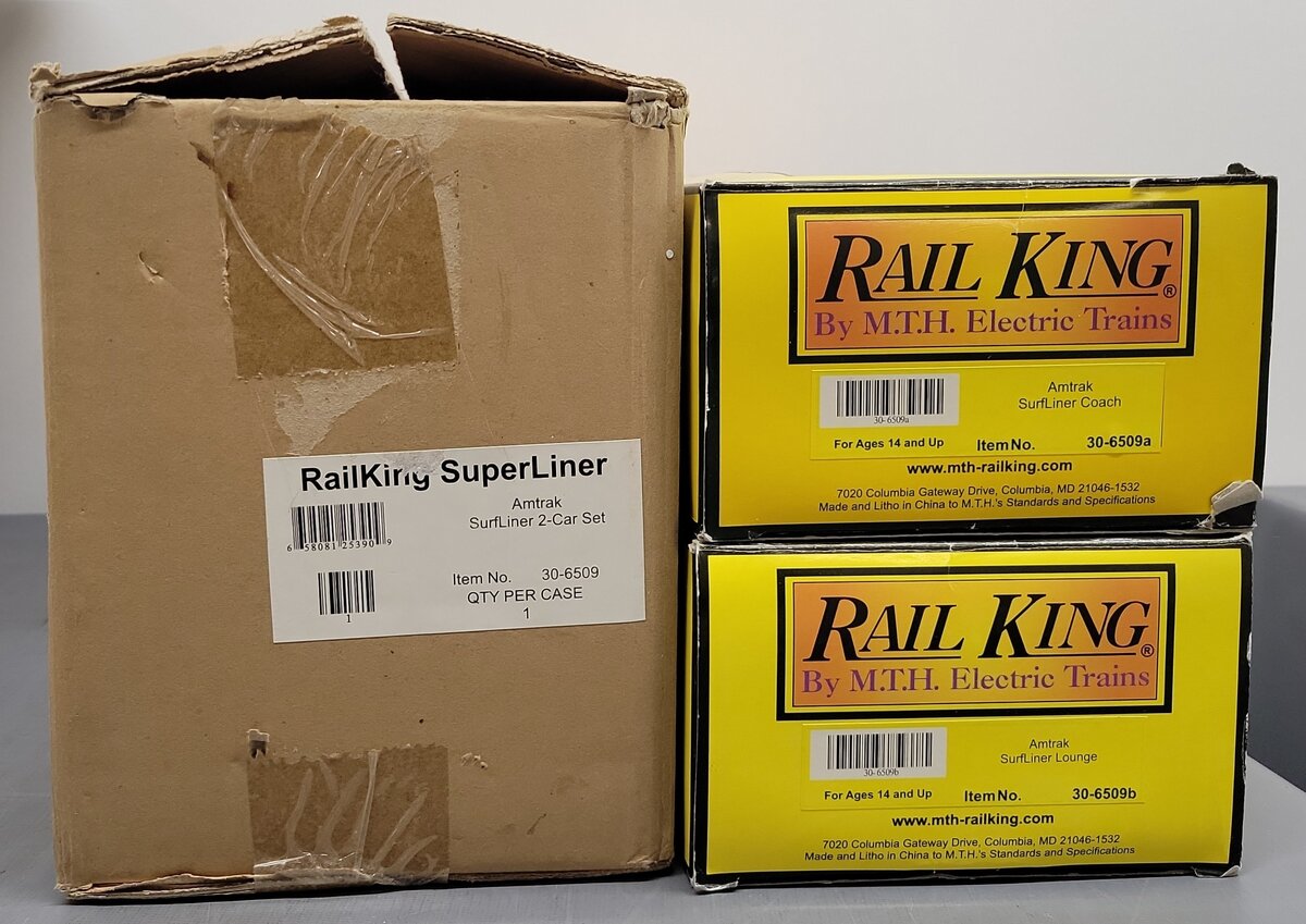 MTH 30-6509 O Amtrak RailKing O-31 SuperLiner Coach/Lounge Set (Set of 2) EX/Box