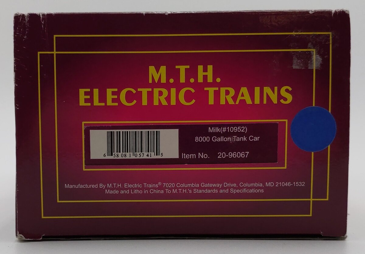 MTH 20-96067 O Gauge Vermont Milk 8000 Gallon Tank Car #19052 LN/Box