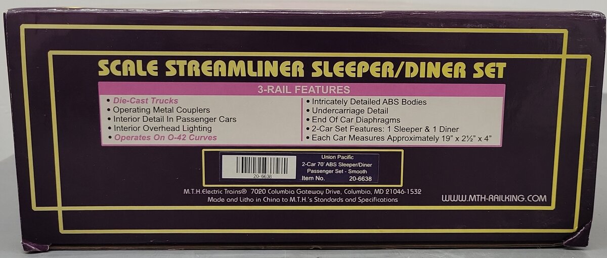 MTH 20-6638 O UP 70' Streamlined Sleeper/Diner Passenger Car Set (Set of 2) LN/Box