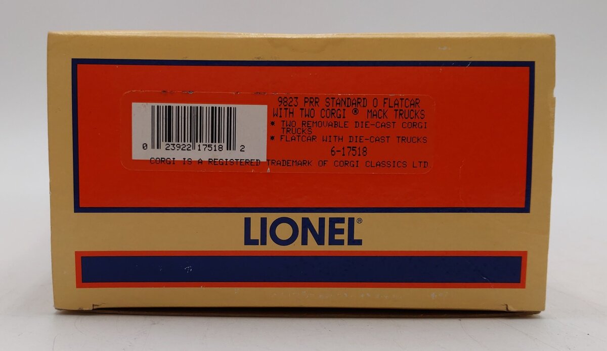 Lionel 6-17518 O Gauge Pennsylvania Flatcar with 2 Corgi Mack AEC Trucks #9823 LN/Box