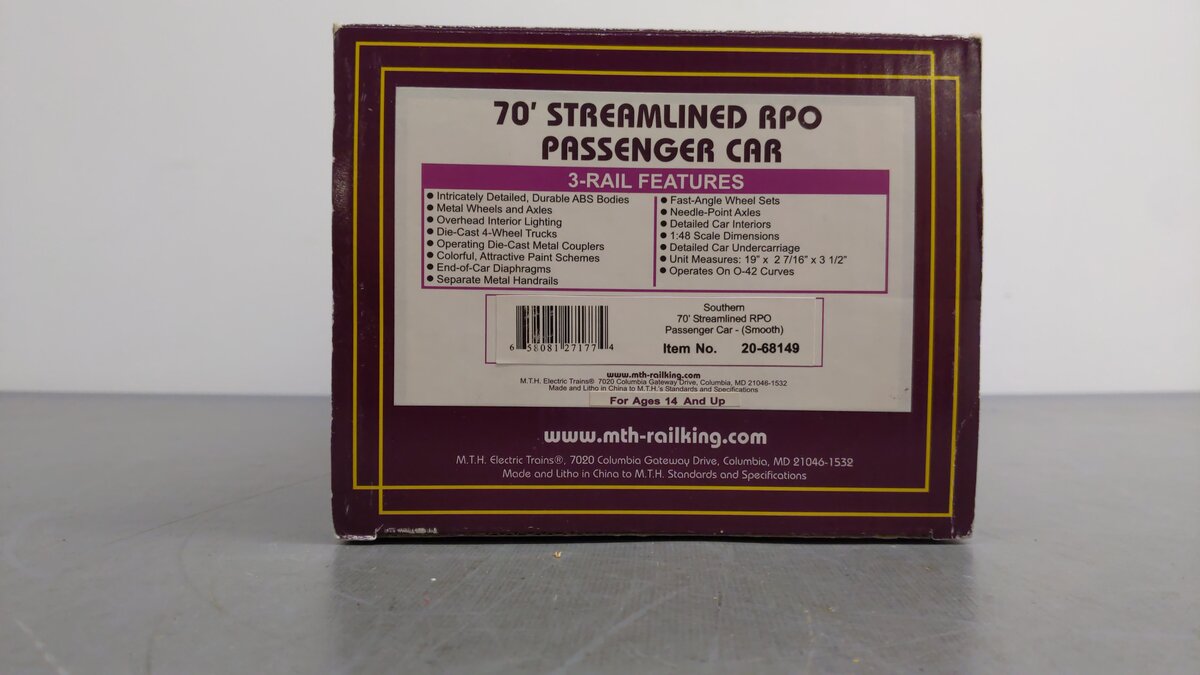 MTH 20-68149 Southern 70' ABS RPO Passenger Car (Smooth) EX/Box
