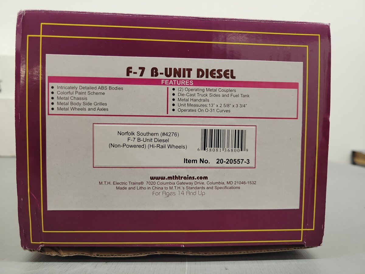 MTH 20-20557-3 O Gauge Norfolk Southern EMD F7 B Unit Diesel Engine #4276 3-Rail EX/Box
