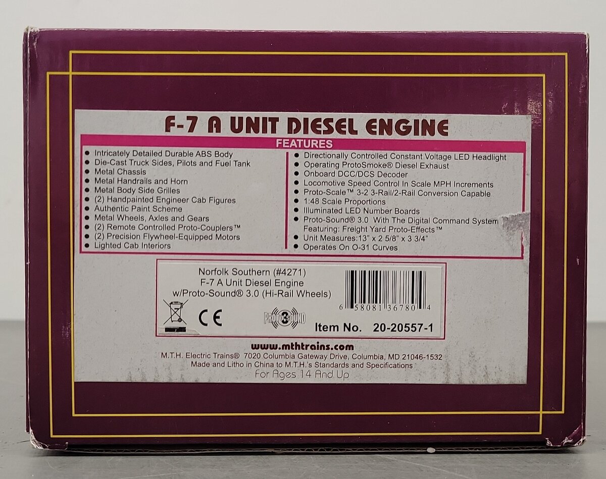 MTH 20-20557-1 O Norfolk Southern F-7 A Diesel Engine #4271 w/PS3 (Hi-Rail) EX/Box