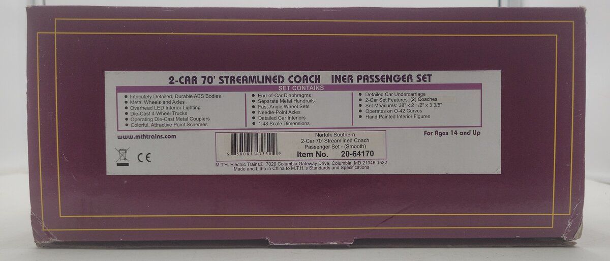 MTH 20-64170 O Gauge Norfolk Southern 2 car 70" Streamlined Coach Passenger Set LN/Box