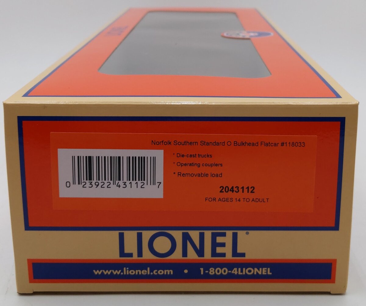 Lionel 2043112 O Norfolk Southern Standard Bulkhead Flat Car #118033 LN/Box