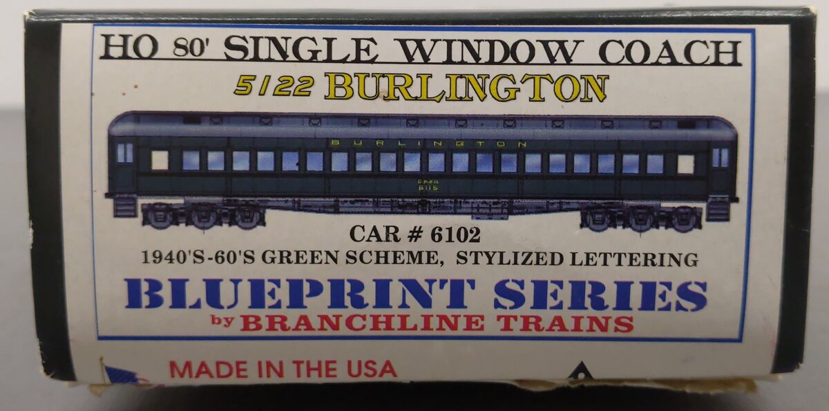 Branchline Trains 5122 HO Scale 80's Single Window Coach Burlington Kit #6102 EX/Box