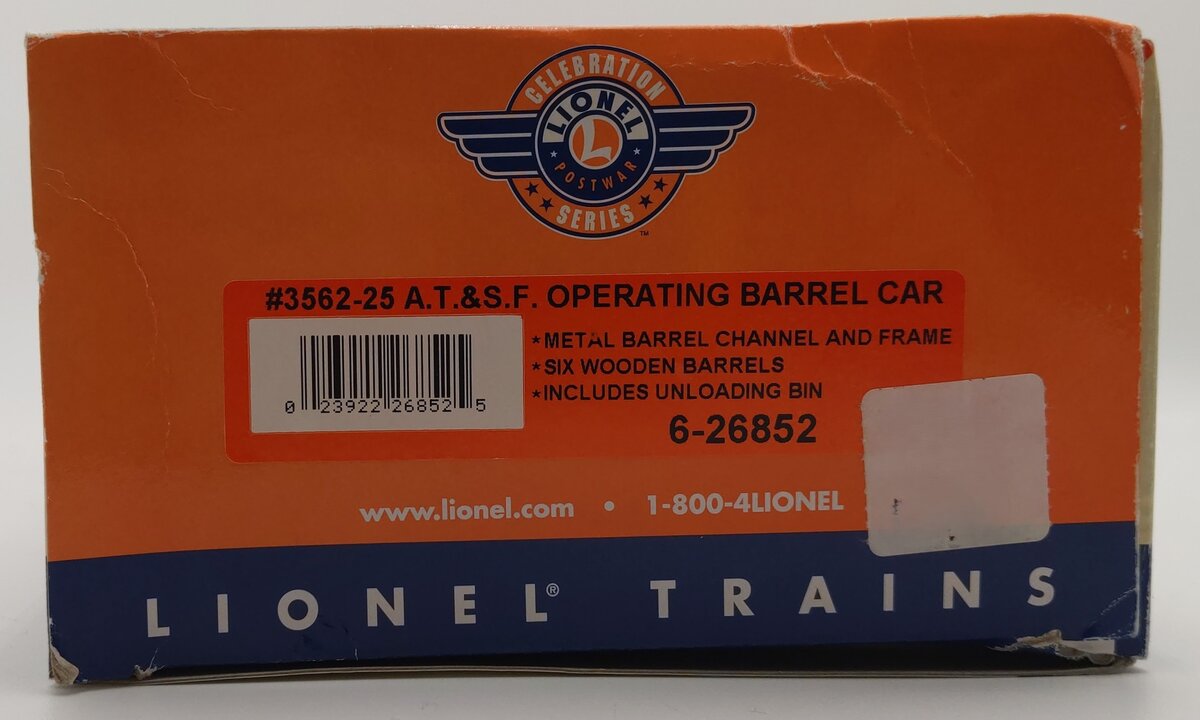 Lionel 6-26852 O Gauge AT&SF PWC Barrel Car #3562-25 EX/Box