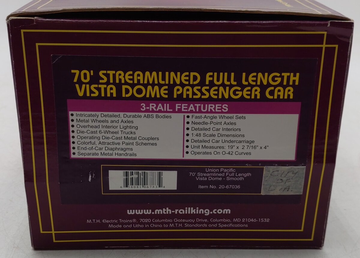 MTH 20-67036 Union Pacific 70' ABS Full Length Vista Dome Passenger Car EX/Box