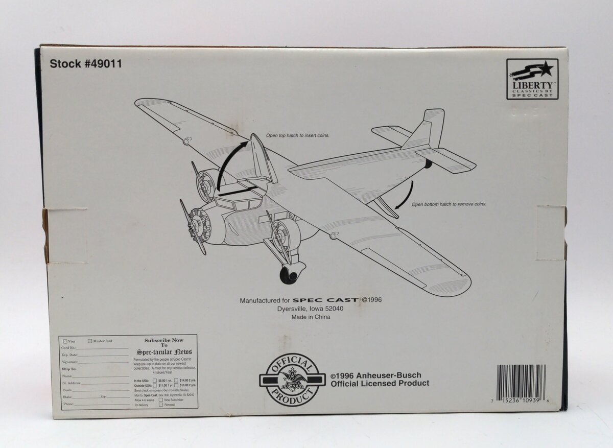 SpecCast 49011 Diecast Budweiser Ford Tri-Motor Airplane Coin Bank NIB